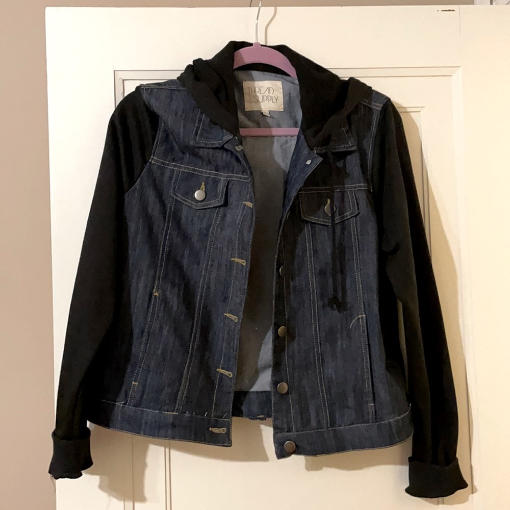 Sweater shirt denim jacket with hood